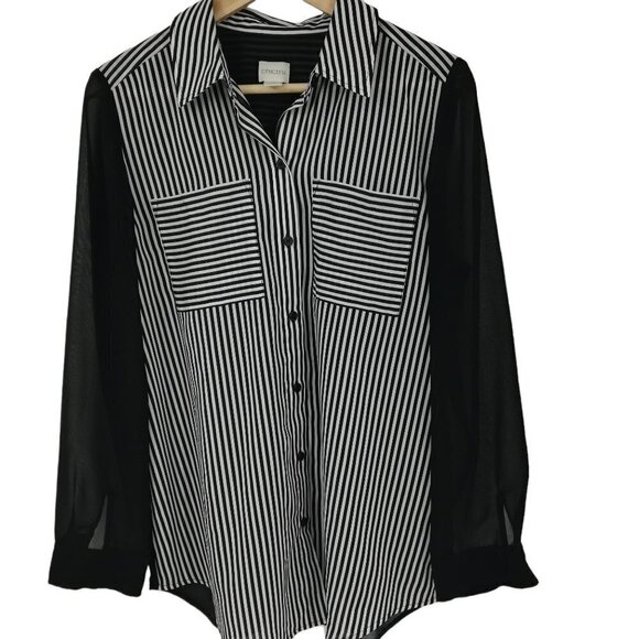 Chicos Sheer Striped Button Up Blouse Shirt Size 1 M Dark Acadamia Pleated Loose - Picture 1 of 13